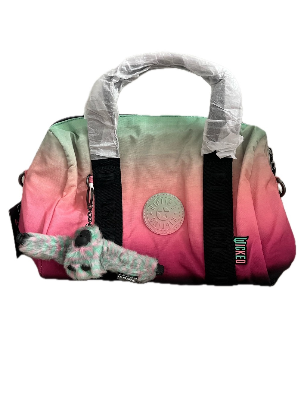 Kipling Wicked collab Pink to Mint Ombre Satchel with Monkey Charm New With Tags